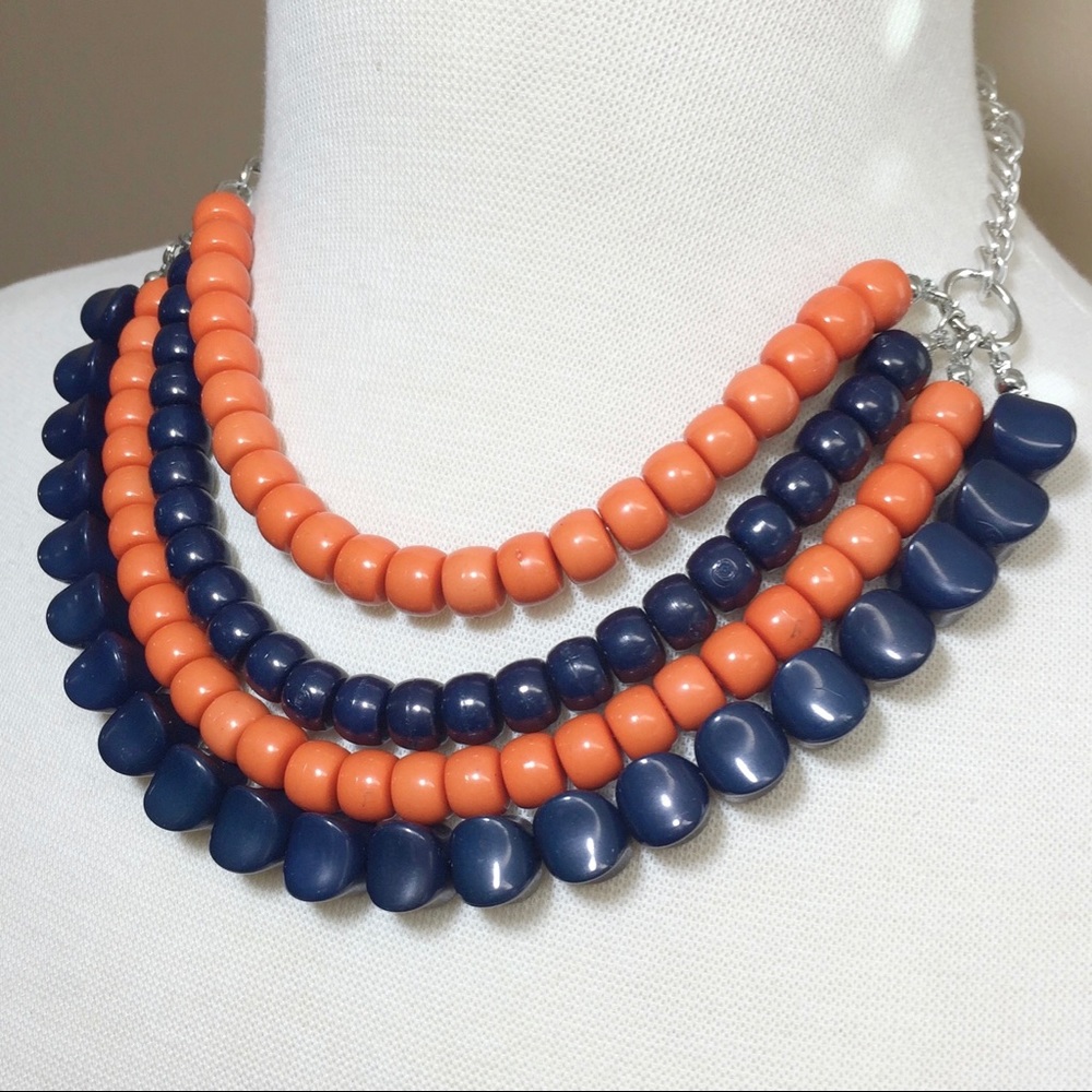 4 Row Orange Navy Blue Bead Necklace Earrings Set - Picture 3 of 3